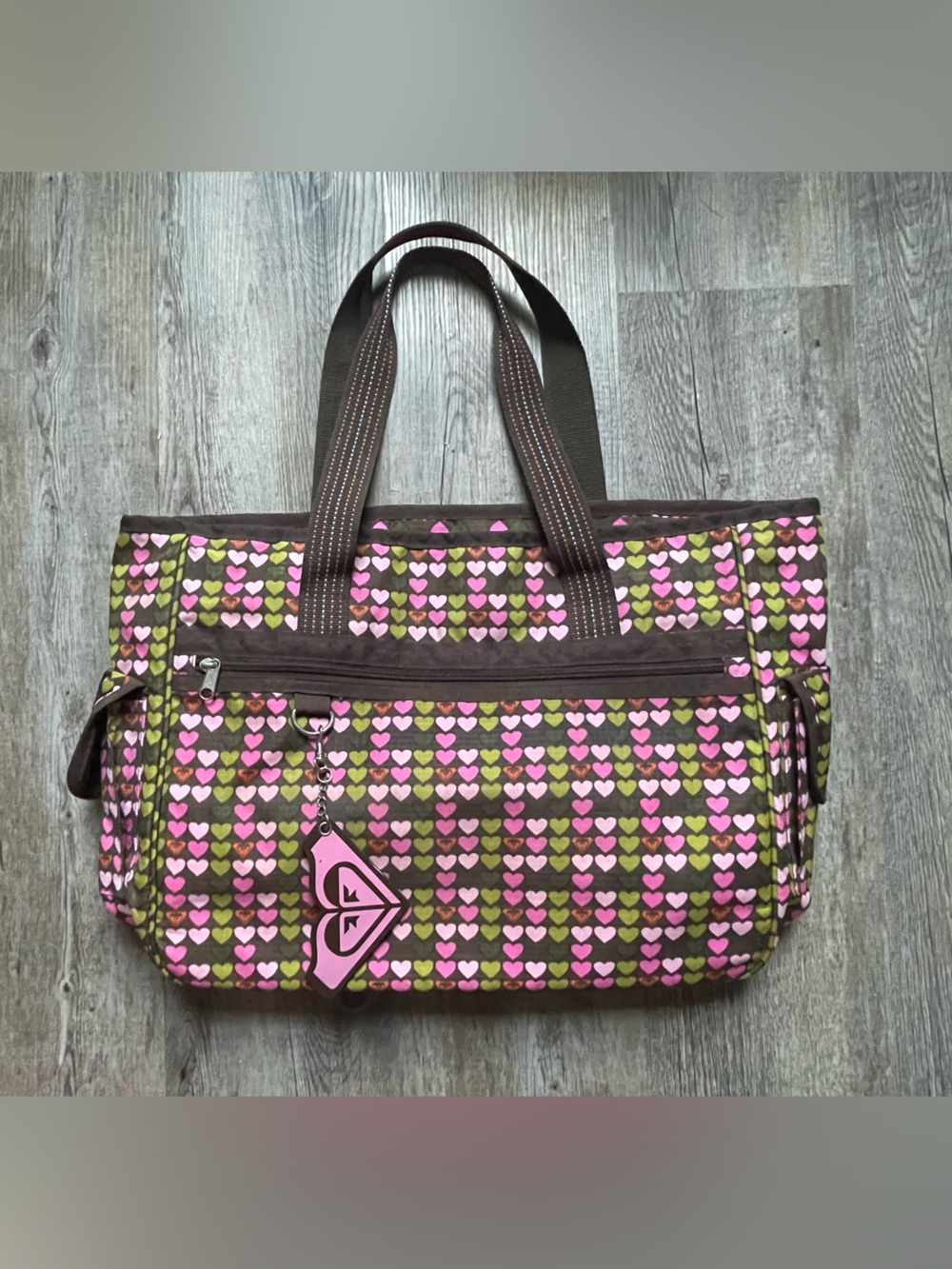 Roxy Brown Tote with Pink and Lime Heart Print
